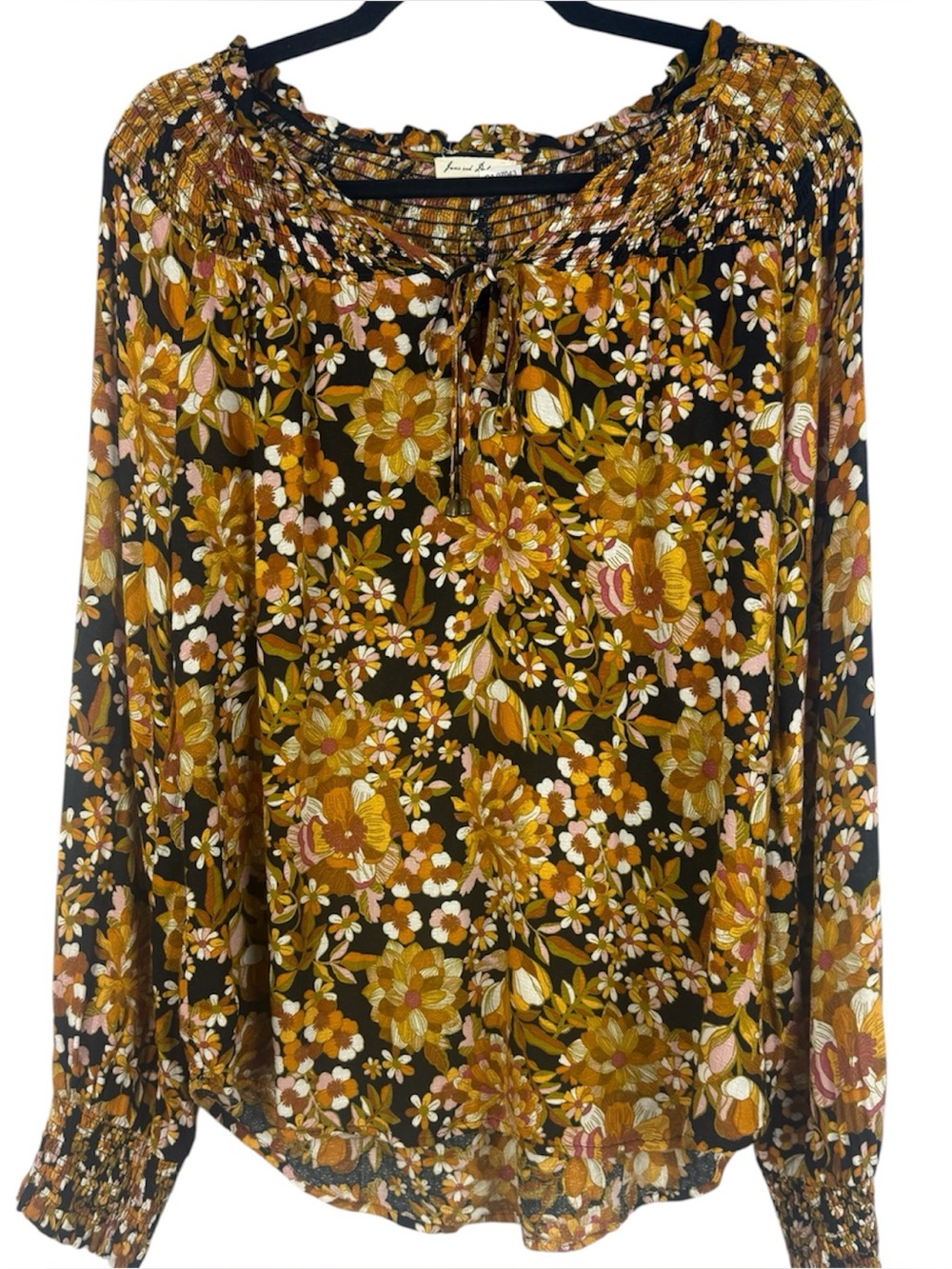 Jane + Delancey Retro 70s Floral Smocked Peasant Blouse Mustard Yellow Boho M